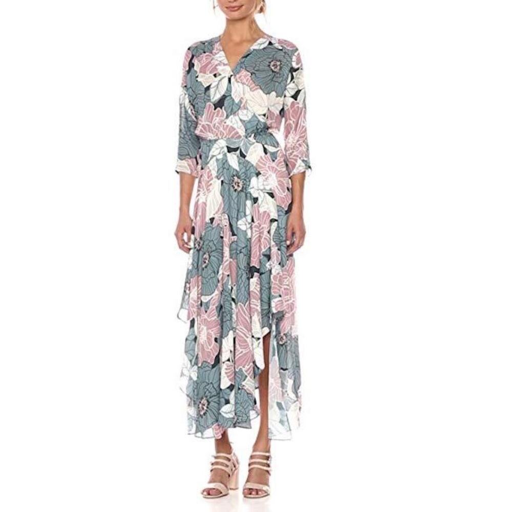 Catherine Malandrino Blue Pink Floral Midi Dress 12 3/4 Sleeve Wedding Cocktail